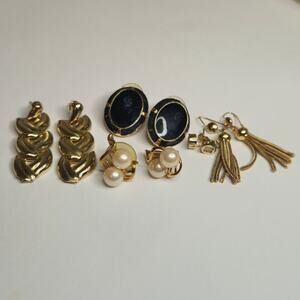 Vtg 5pc Lot Signed Monet, Richelieu, etc Gold Tone Earrings 80s -Pierced Ears